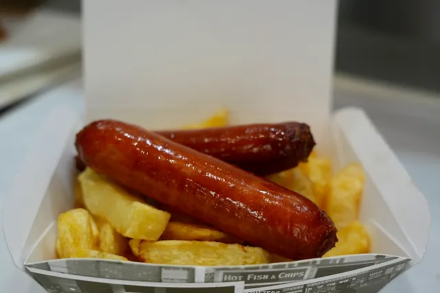 Two glossy battered sausages on thick-cut chips in a printed chip-paper box