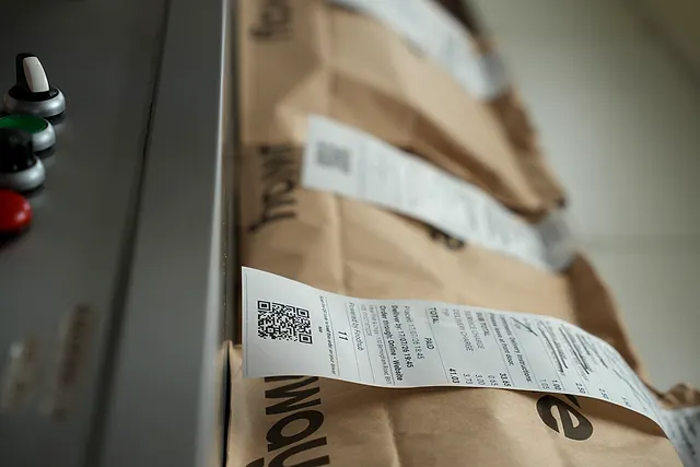 Bagged takeaway orders lined up ready for collection on the counter
